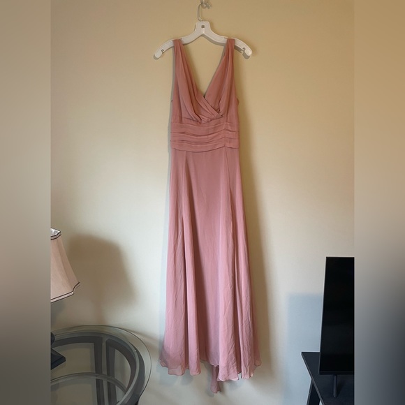 David’s Bridal long chiffon surplice tank bridesmaid dress in color Desert Coral - Picture 2 of 5